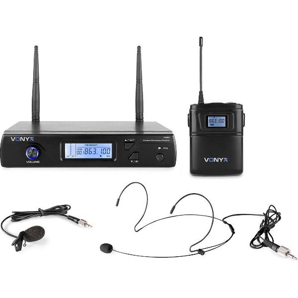 Draadloze microfoon - Vonyx WM61B draadloze headset microfoon - 16 kanaals - UHF - Headset / dasspeld