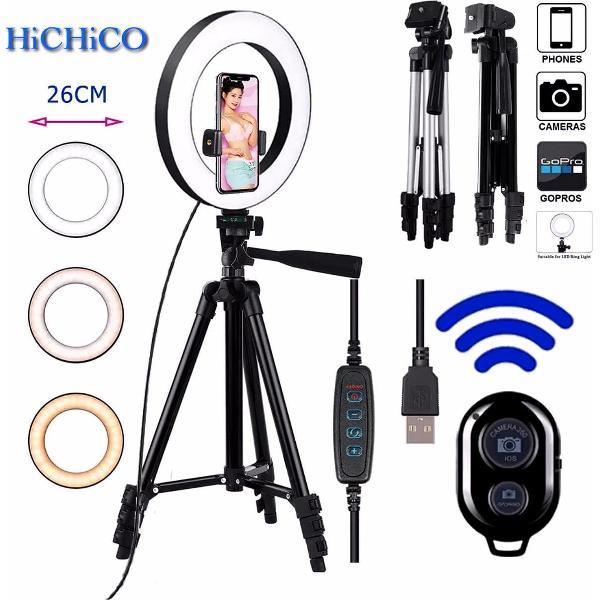 Selfie Light Ring 26 Cm Inclusief Smartphone Tripod Camera Statief 102 Cm Zwart met Telefoonhouder En Bluetooth Remote shutter – HiCHiCO