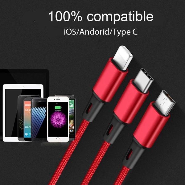 Voxlink® 3 in 1 Usb Nylon Kabel - Usb Type C, Lightning, Micro Usb - 120 cm - ook voor iPhone & Android - Snelladen - Laadsnoer - Laadkabel - GSM - Opladen - Auto - Zwart - Fast Charge