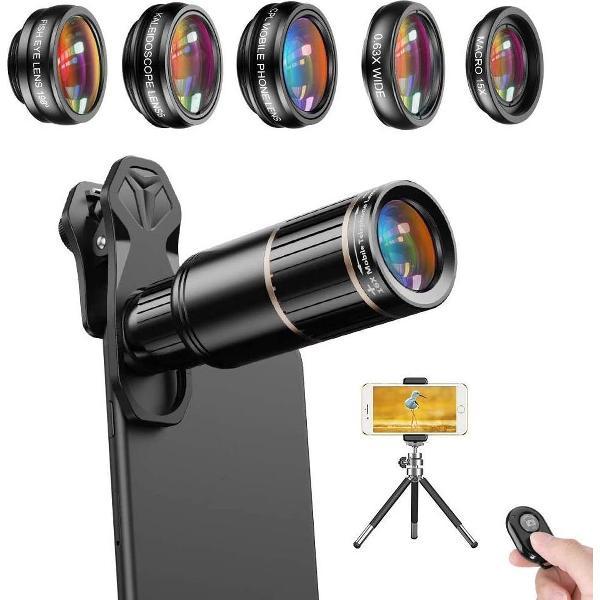 DrPhone APEX - APL8 Smartphone Camera lens kit + Statief + 16X telezoomlens / Groothoek / Macro / Fisheye / Caleidoscoop / CPL voor IOS / Android telefoons O.a Iphone / samsunf