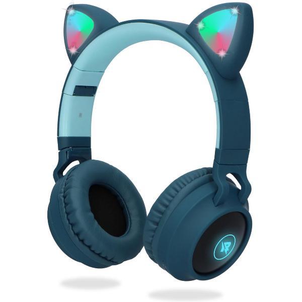 Koptelefoon Kinderen Draadloos met Kattenoortjes en Vrolijke Lichtjes - Bluetooth 5.0 - Hoofdtelefoon Kinderen - Kinder Koptelefoon met Microfoon - Blauw