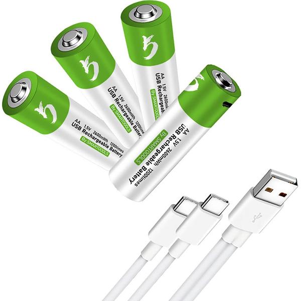 Oplaadbare batterijen AA 1,5 Volt 2600 mWh met USB Type-C Kabel opladen - Duurzame Keuze - Lithium AA batterij - 4 stuks