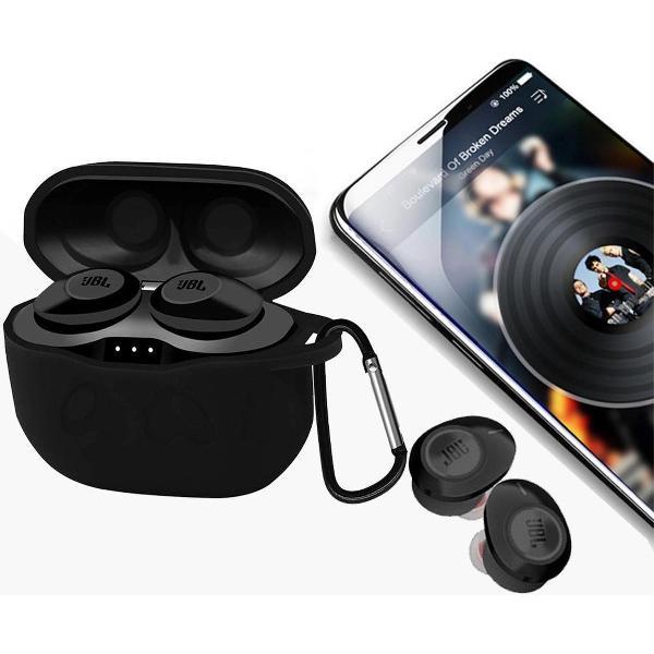 Luxe Siliconen Hoesje Voor JBL Tune 120TWS/ T125TWS Draadloze Oordopjes - Soft Case Cover Protector - Travel Beschermhoes - Reis Opberghoes Shell Beschermer Hoes - Met Musketon Haakje - Zwart