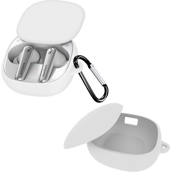 Luxe Siliconen Hoesje Voor Anker Soundcore Liberty Air 2 Pro Draadloze Oordopjes - Soft Case Cover Protector - Travel Beschermhoes - Reis Opberghoes Shell Beschermer Hoes - Met Musketon Haakje - Wit