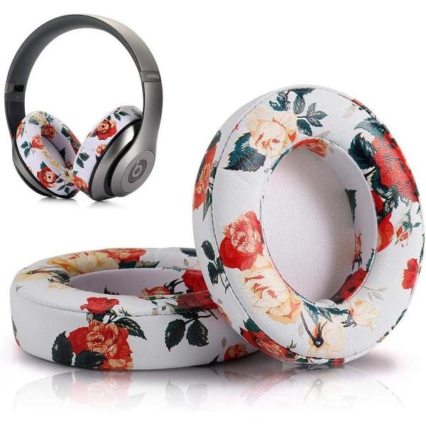 Luxe Lederen Oorkussen Set Voor Beats By Dr. Dre Studio 2.0/3.0 Wired/Wireless - Vervangende Koptelefoon Earpads - Oor Kussens - Ear Pads - Oorkussens Met Noise Cancelling Memory Foam Binnenlaag - White Flowers