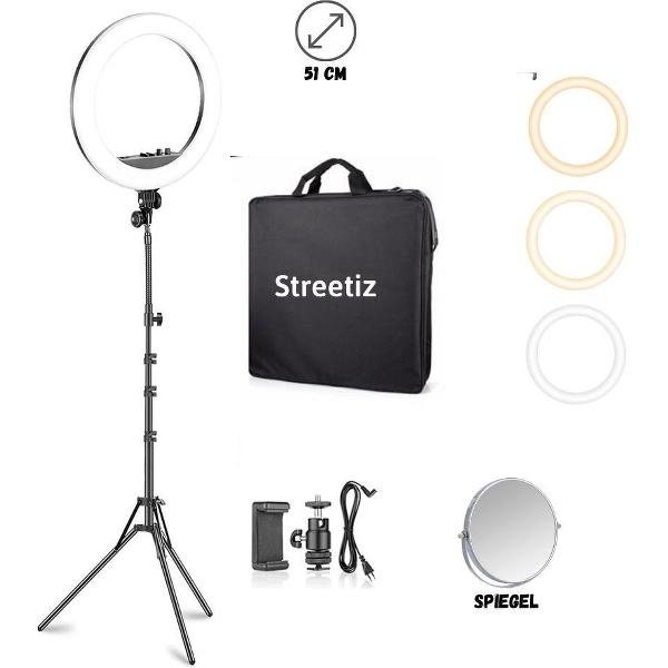 Streetiz ringlamp Pro met statief met telefoonhouder + Spiegel - 51 cm -200 cm hoog - Ringlight Ring lamp - Make-up light + video tiktok - 3 kleuren en intensiteit