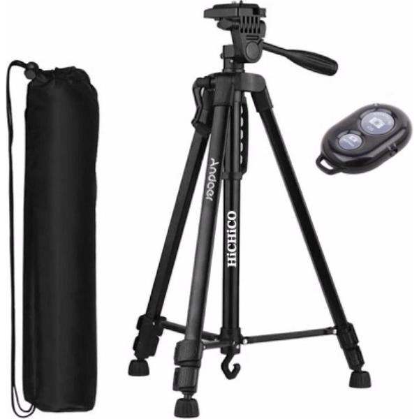 Camera Statief - Smartphone Tripod Met hendel Inclusief Bluetooth Remote Shutter, Telefoonhouder, opbergtas en waterpas, Model VCT-3366 van HiCHiCO