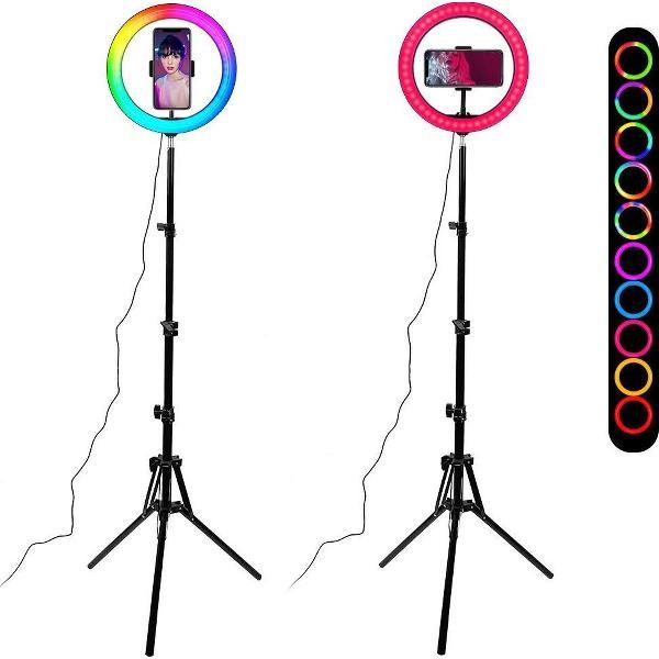 De Los Campos Ringlamp met Statief en Telefoonhouder - Selfie Ring Light Smartphone Houder - LED Ringlight - Ring Lamp 10 Inch - Studiolamp - Verstelbare hoogte & 360 graden draaibaar - 16 lichtkleuren en 100+ lichteffecten