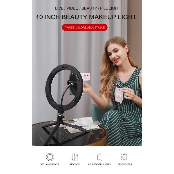 Ringlamp incl telefoonhouder / afstandsbediening - 26 cm/10 inch - Ringlight - USB - flitser - Ring lamp - Vlog - Make-up light - Studiolamp