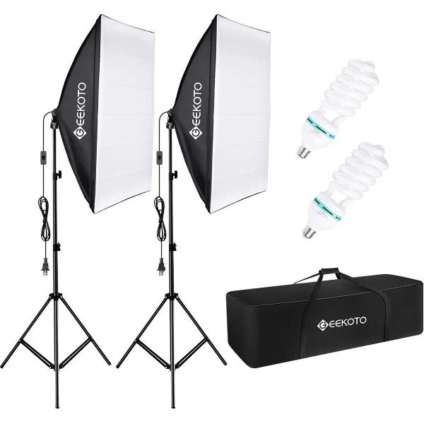 Gutos GEEKOTO softbox set fotostudio 50 x 70cm, continu licht studiolicht set met 2 softbox lampen E27 85W 5500K, 2m volledig verstelbare lichtstatieven voor studioportretten, productfotografie, modefoto's, etc.