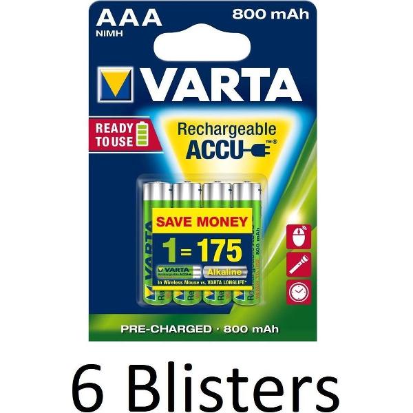 24 Stuks (6 Blisters a 4 st) Varta AAA Oplaadbare Batterijen - 800mAh