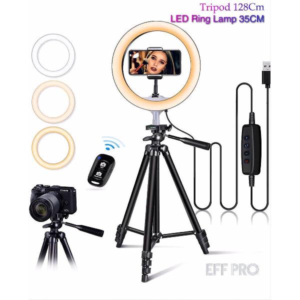 Super Tripod Camera Statief 128 Cm Inclusief LED Ring Lamp 35 Cm + Bluetooth Remote Shutter, lamp -Ringlamp - Statief - Tik tok - flitser – Make up light – Studiolamp – Ring Light – Eff Pro