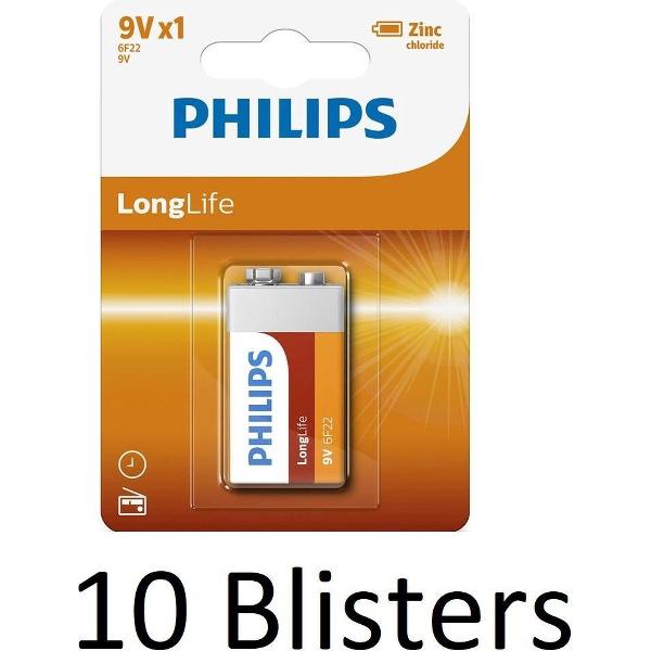 10 Stuks (10 Blisters a 1 st) Philips Longlife 9V Batterijen