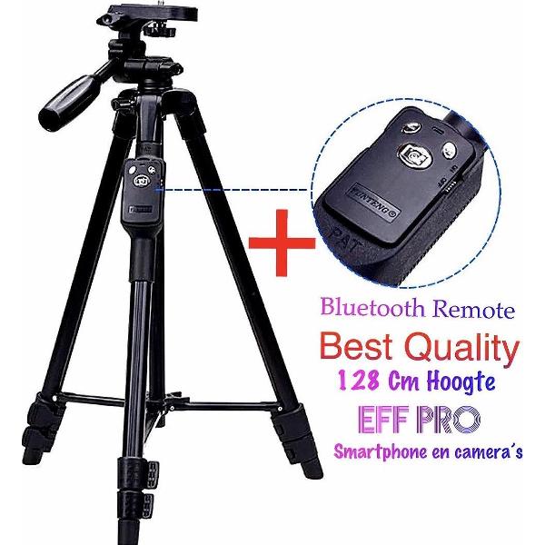 Tripod Camera Statief 128 Cm voor Fotocamera en Smartphone - Canon – Nikon - Spiegelreflexcamera + Bluetooth Remote Shutter Zwart – Eff Pro