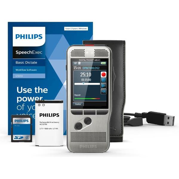 Philips PocketMemo Dicteerapparaat DPM7000, Stereo, Schuifschakelaar (US), SpeechExec Dictate 2-jaar licentie
