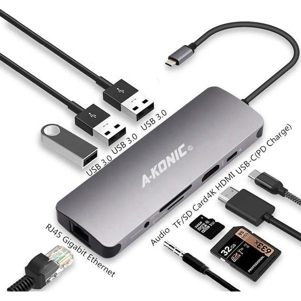 A-KONIC© 9 in 1 USB C naar HDMI (4K) HUB, Ethernet RJ45, 3x USB 3.0 (thunderbolt), Usb-C, Jack 3.5mm, micro / sd kaartlezer - Spacegrey