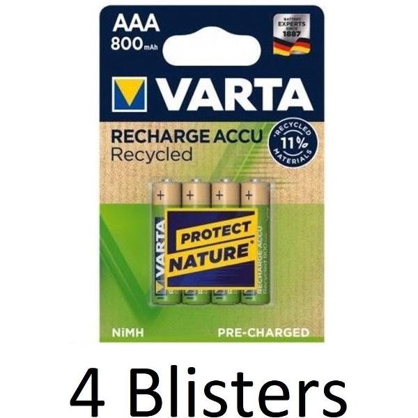 16 Stuks (4 Blisters a 4 st) Varta Recharge Accu Recycled AAA Oplaadbare Batterijen 800 mAh