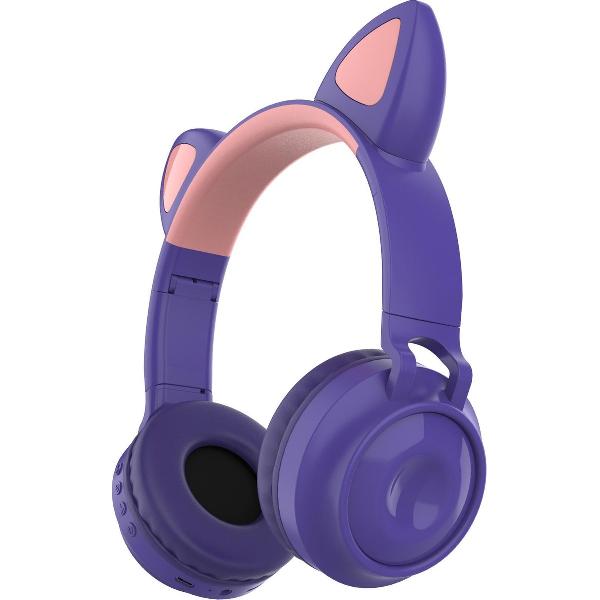 Kinder hoofdtelefoon - koptelefoon Bluetooth met led kattenoortjes miauw purper