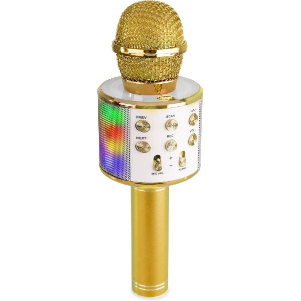 Karaoke microfoon - karaoke set - MAX KM15G draadloze karaokemicrofoon met ingebouwde LED's, speaker, Bluetooth, selfiefunctie mp3, echo effect & stemvervormer - Goud