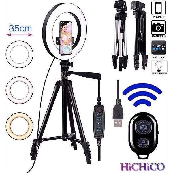 LED Ring Light 35 Cm met Smartphone Tripod Camera Statief Zwart Inclusief Bluetooth shutter – HiCHiCO