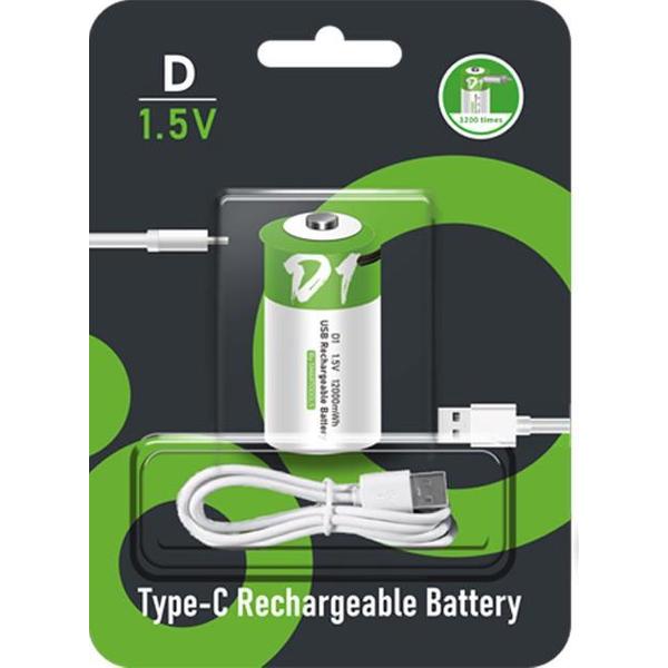 D batterij - oplaadbare D batterij - met usb-c oplaadsnoer /oplader - <1200x oplaadbaar cyclus