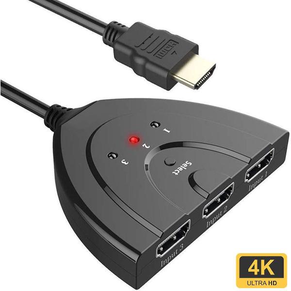 PrimeTech HDMI Switch - Plug & Play 3 Ingangen 1 Uitgang - 4K & 3D Ondersteuning - Ultra High Speed 1080P Full HD - 3 In 1 Uit
