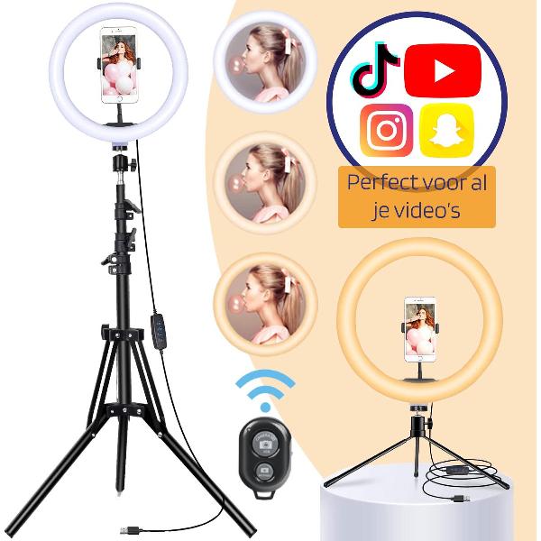 Ringlamp - Ringlamp met Statief - Verstelbaar - 10 Inch - Ring Light - Gratis Bureaustatief - Met Bluetooth Afstandsbediening - Draaibaar en Kantelbaar - 160CM