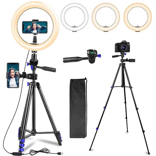 ringlight met statief - ZINAPS Ring licht met statief, 10,2 inch LED selfie ring licht met 2 telefoon houders, met 3 kleuren en 10 niveaus van helderheid, vul het licht voor zelfportret, make-up, videoconferentie, YouTube, Tiktok