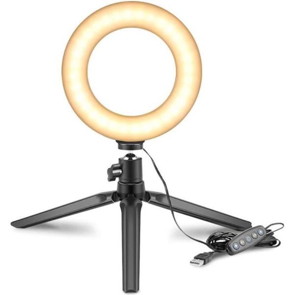 ringlight met statief - ZINAPS 6 Inch Ring Light met Statief voor selfie Makeup Live Streaming Video, 360 ° LED Mini bureaulamp tafel Ring licht met 3 Licht Modes en 6 Helderheid Levels