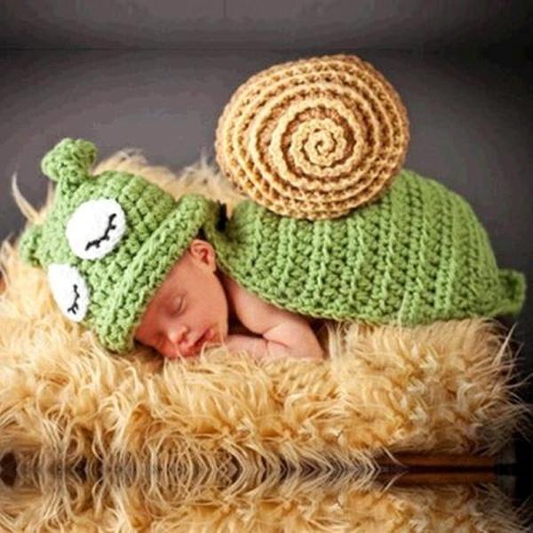 Groene slak witte ogen pasgeboren baby fotografie kleding hand breien honderd dagen baby foto rekwisieten
