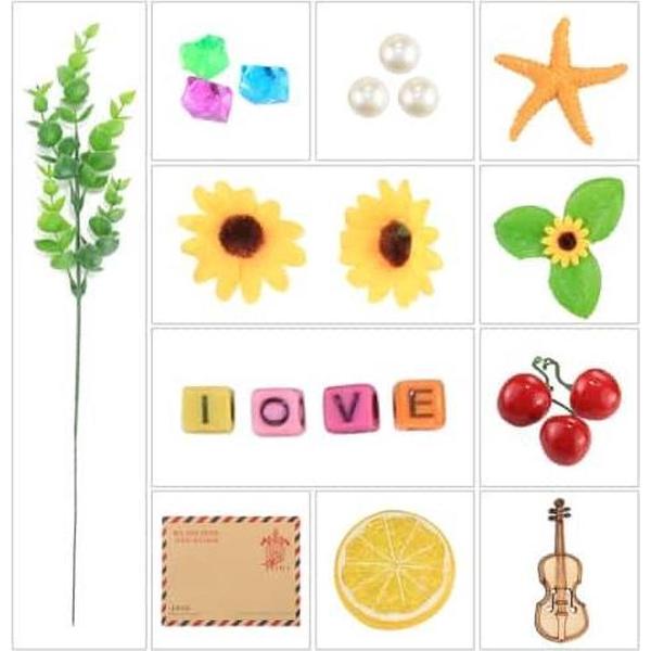 PULUZ 21-in-1 fotografie-rekwisieten (retro-envelop + kristalsteen + parel + zeester + zonnebloem met bladeren + viool + alfabet LIEFDE + zonnebloem + plantenboom + oranje stuk + kers)