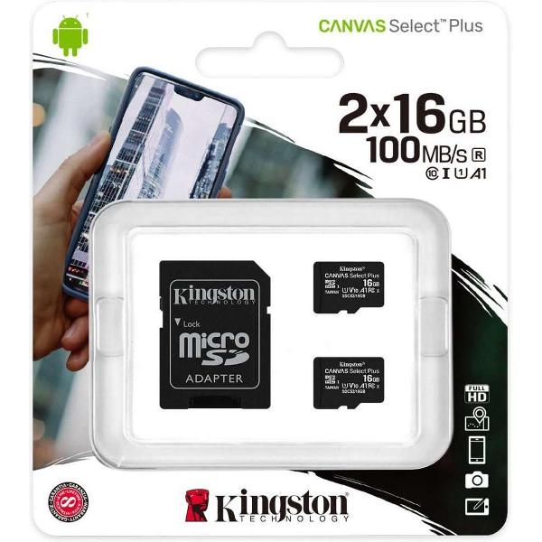 Kingston Canvas Select Plus microSD Card 10 UHS-I - 16GB - SD adapter - 2 Pack