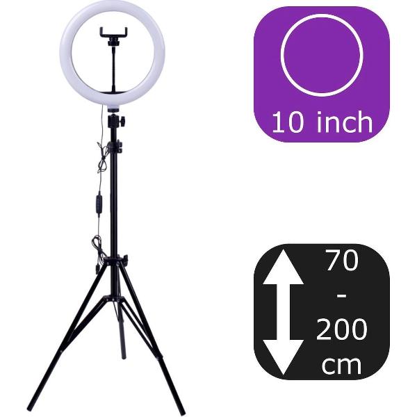 Ringlamp LED 10 inch/25,4 cm met Statief 70-200 cm | Ringlight lamp met telefoonhouder | Fotostudio / Tik Tok / Vlog / Make-up / Home Office/Gaming | Flitser | Studiolicht