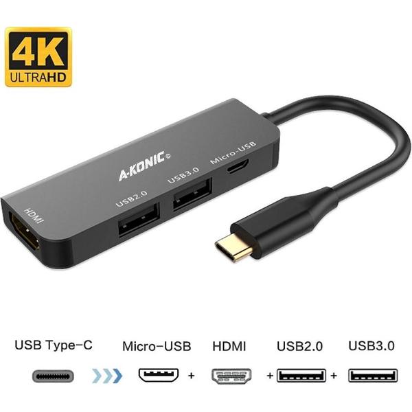 4 in 1 USB C naar HDMI 4K, USB 3.0, USB 2.0, Micro-USB Hub | Type c adapter to HDMI, 2X USB-A & Micro-USB | Compatible Apple Macbook | IMAC | Surface | XPS | Dell | Samsung | HP | Zwart | A-KONIC©