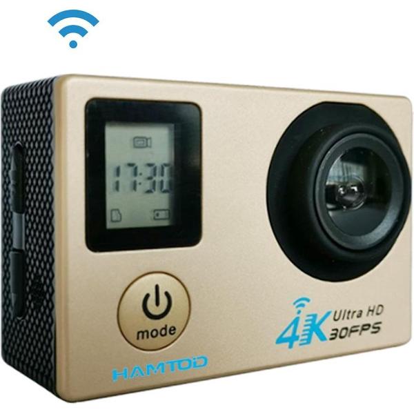 HAMTOD H12 UHD 4K WiFi-sportcamera met waterdichte behuizing, Generalplus 4247, 0,66 inch + 2,0 inch LCD-scherm, 170 graden groothoeklens (goud)