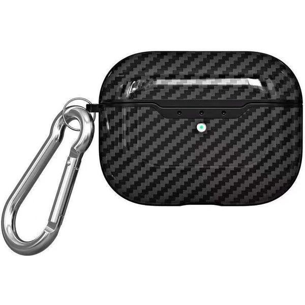 Voor Apple AirPods Pro TPU Koolstofvezeltextuur Draadloze oortelefoon Beschermhoes met haak (zwart)