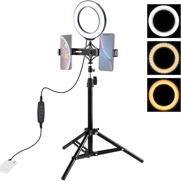 PULUZ 70cm Statiefbevestiging + Live Broadcast Dual Phone Bracket + 6.2 inch 16cm LED Ring Vlogging Video Light Kits