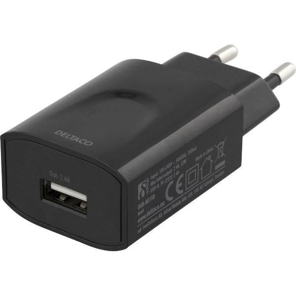 DELTACO USB-AC159, Wandoplader 100-240V tot 5V USB, 2.4A, 12W, 1xUSB-A poort, zwart