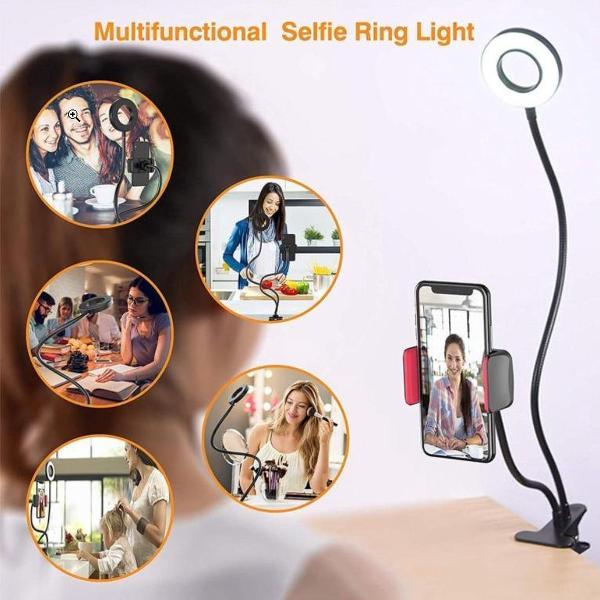 Selfie Ringlamp / lamp met Smartphone houder / telefoonstandaard en tafel klem - Verstelbaar - Draaibaar - usb plug - Beauty - Fotostudio - Selfie - Make up light - 3 kleuren - Kerst DEAL