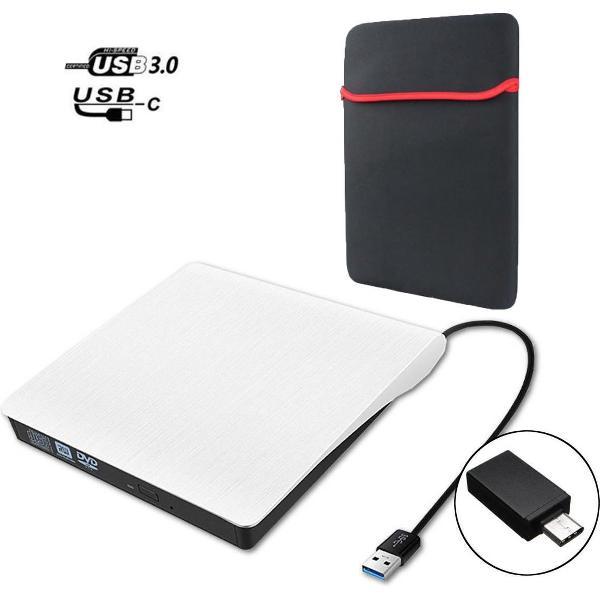 Externe DVD / CD Speler en Brander voor Laptop Wit - Externe DVD Brander - Windows & Mac - USB 3.0 / C + Beschermhoes