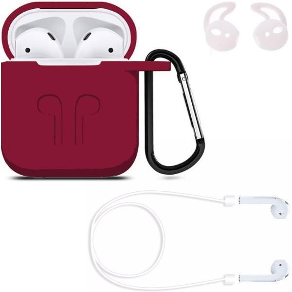 KELERINO. Hoesje voor Airpods 1 / 2 - 3 in 1 set (Case voor Airpods + strap + earhoox) - Donker Rood