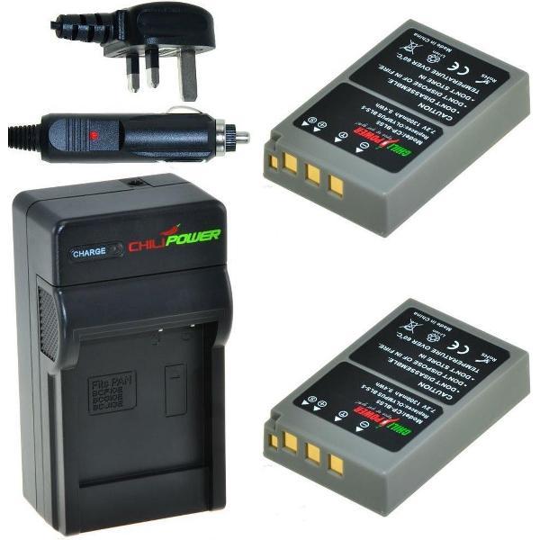 ChiliPower 2 x BLS-5 accu's voor Olympus - Charger Kit + car-charger - UK versie