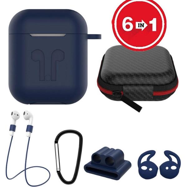6 in 1 siliconen case met accessoires geschikt voor AirPods - blauw