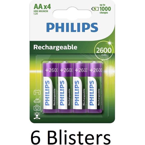 24 Stuks (6 Blisters a 4 st) Philips AA Oplaadbare batterijen