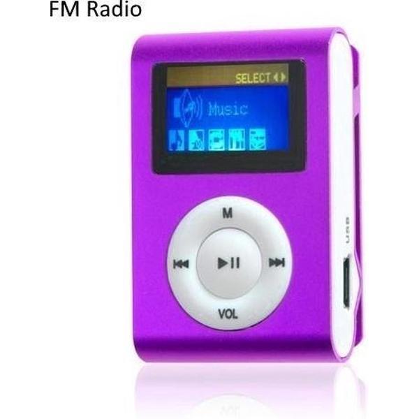 Mini clip MP3 speler FM radio met display Paars en in-ear koptelefoon