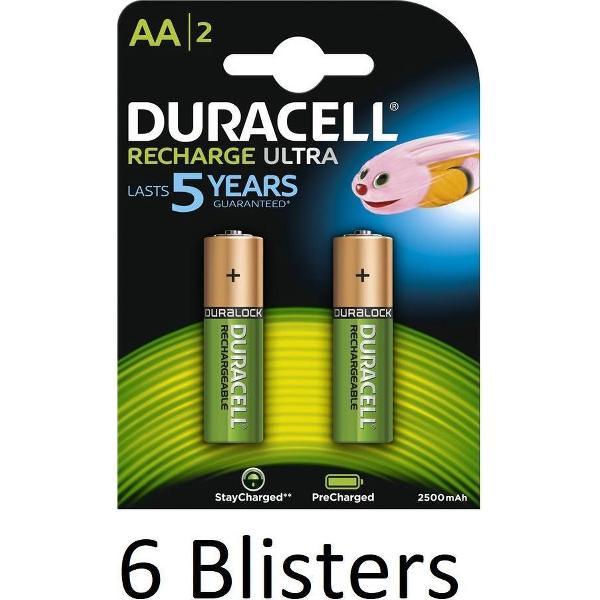 12 Stuks (6 Blisters a 2 st) Duracell AA Oplaadbare Batterijen - 2500 mAh