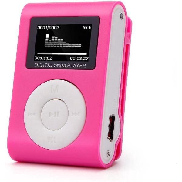 Mini clip MP3 speler FM radio met display Roze en in-ear koptelefoon