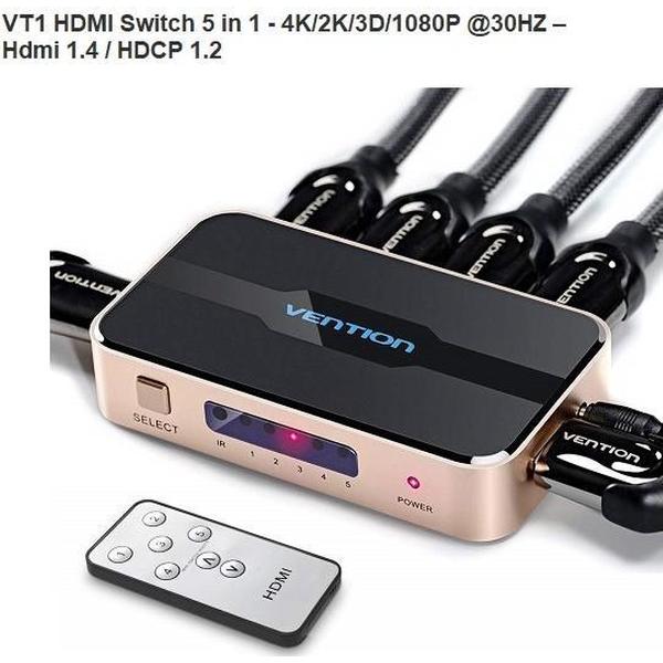 DrPhone VT1 HDMI Switch 5 in 1 - 4K/2K/3D/1080P @30HZ – Hdmi 1.4 / HDCP 1.2 met afstandsbediening & Audio/Video Sync