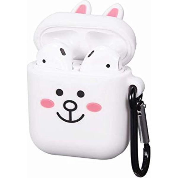 Cartoon Airpods Silicone Case Cover Hoesje voor Apple Airpods - white rabbit - met karabijn