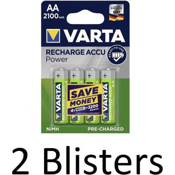8 Stuks (2 Blisters a 4 st) Varta Oplaadbare Batterij Recharge Accu Power AA 2100mAh